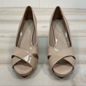 Nickels Nude Jay Criss Cross Peep Toe Vegan Heels Sz 7.5 Patent